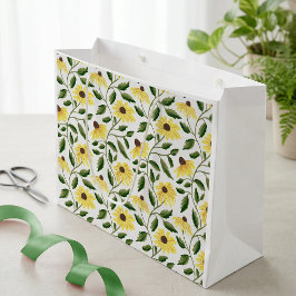 Sacola Para Presentes Grande Girassol Flor Silvestre Aquarela Verde Amarelo