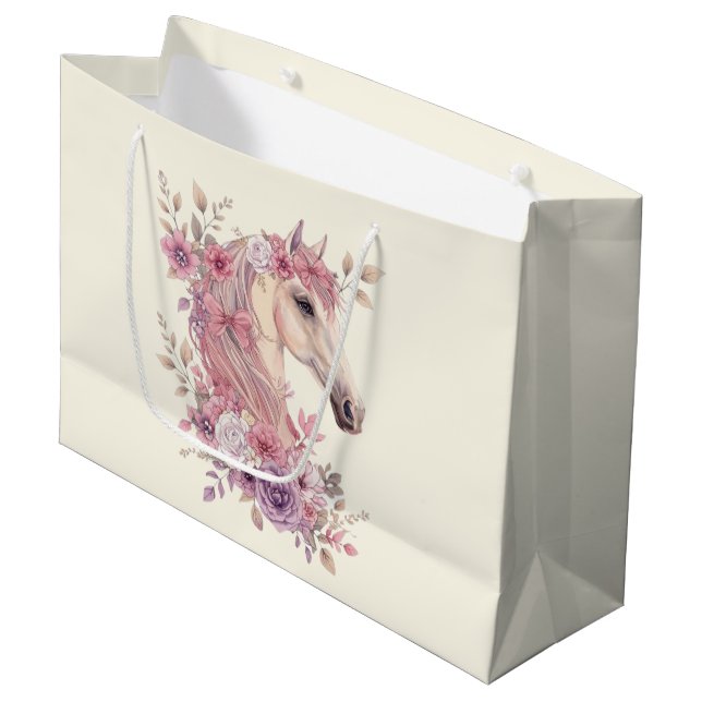 Sacola Para Presentes Grande Girls Pretty Ponies Pastel Floral Horse (Frente inclinada)