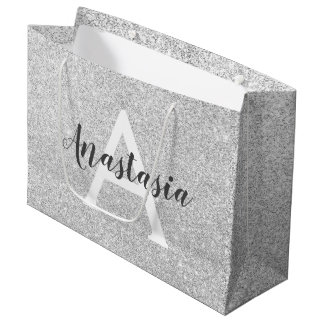Sacola Para Presentes Grande Girly Glam Silver Glitter Sparkles Nome do Monogra