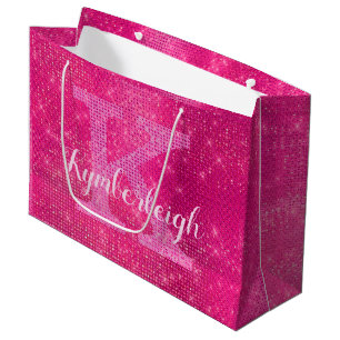 Sacola Para Presentes Grande Girly Hot Pink Glam Diamond Sparkle Nome do Monogr