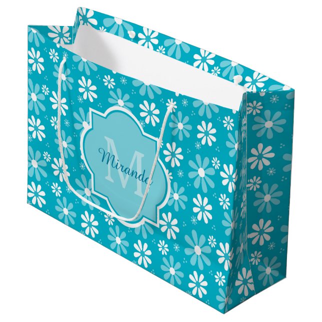 Sacola Para Presentes Grande Girly Monogramas Turquoise Daisy Flowers Com Nome (Frente inclinada)