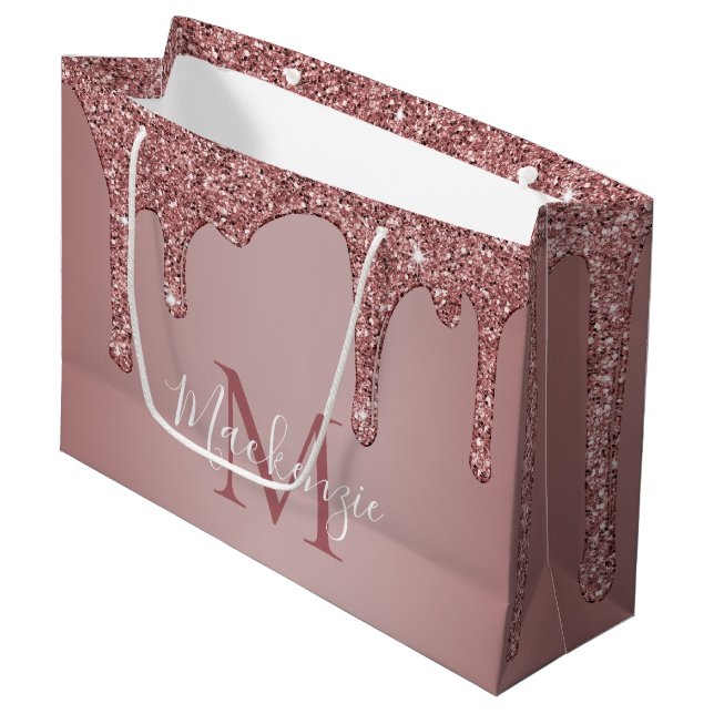 Sacola Para Presentes Grande Girly Rosa Dourado Sparkle Glitter Drives Monogram (Frente inclinada)