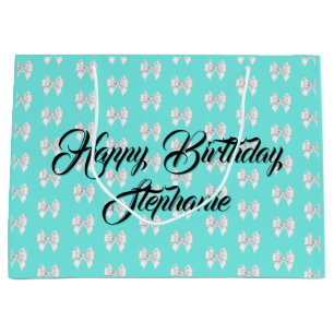 Sacola Para Presentes Grande Glam Aqua Nome Personalizado Tema Tiffany Laço Bra