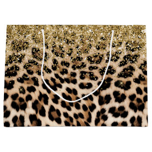 Sacola Para Presentes Grande Glam Dourado Glitter Creme Leopard Glitter