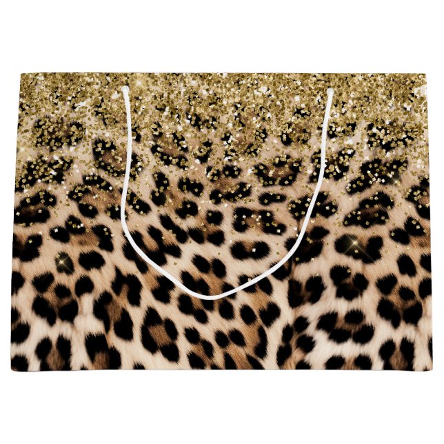 Sacola Para Presentes Grande Glam Dourado Glitter Creme Leopard Glitter (Frente)