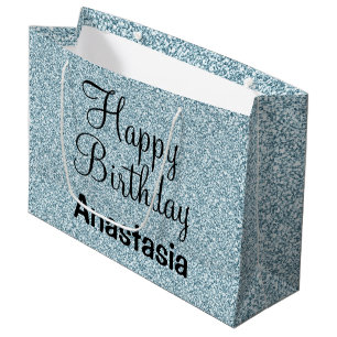 Sacola Para Presentes Grande Glam Happy Birthday Blue Silver Glitter Sparkles