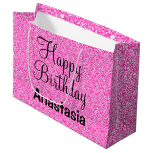Sacola Para Presentes Grande Glam Happy Birthday - Nome de Minigrama Rosa Quent