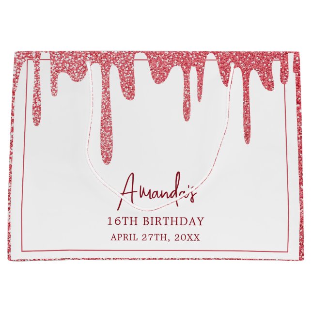 Sacola Para Presentes Grande Glitter Dourado de Rosa chic Doce 16 Aniversário (Frente)