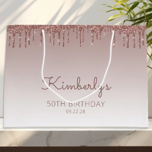 Sacola Para Presentes Grande Glitter Drip 50th Birthday Rosa Dourado