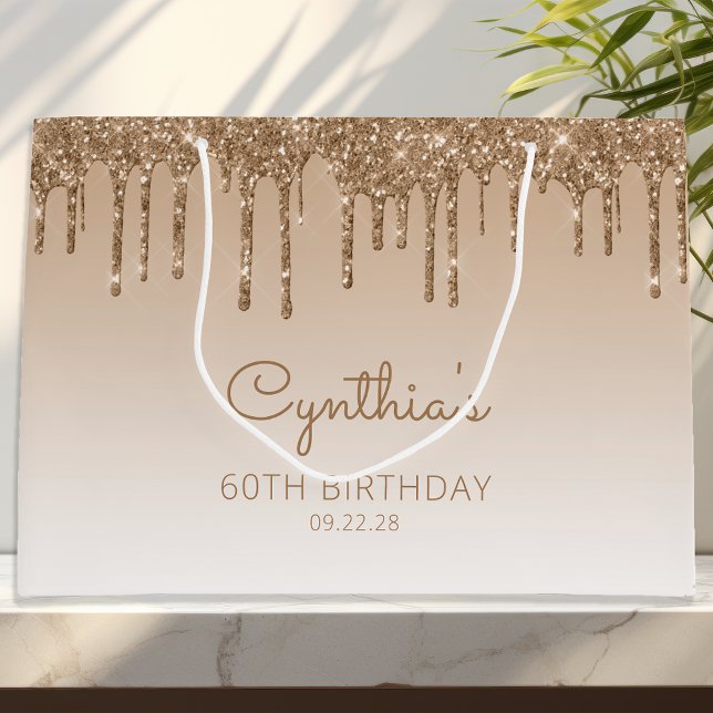 Sacola Para Presentes Grande Glitter Drip 60th Birthday Dourado (Criador carregado)