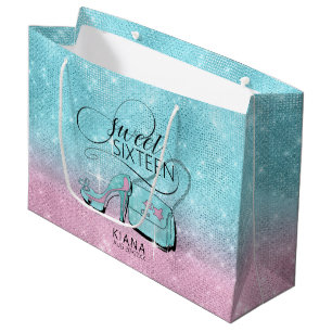 Sacola Para Presentes Grande Glitter e Shine Sweet 16 V2 Teal/Pink ID675