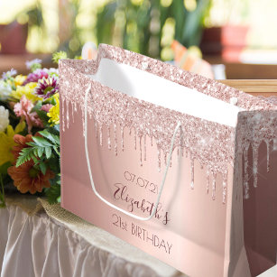 Sacola Para Presentes Grande Glitter ouro de rosa de aniversário pinga cinza-ro