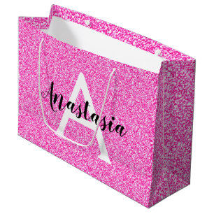 Sacola Para Presentes Grande Glitter Rosa Quente Brilhante Brilha Nome do Monog