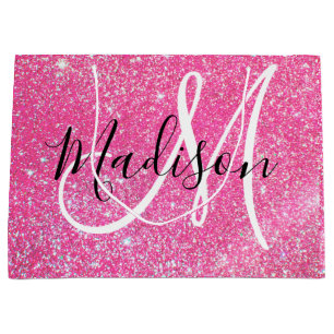 Sacola Para Presentes Grande Glitter Rosa Quente Brilhante Brilha Nome do Monog