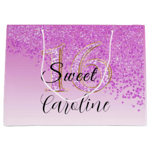 Sacola Para Presentes Grande Glitter Rosa Quente Doce 16 Aniversário