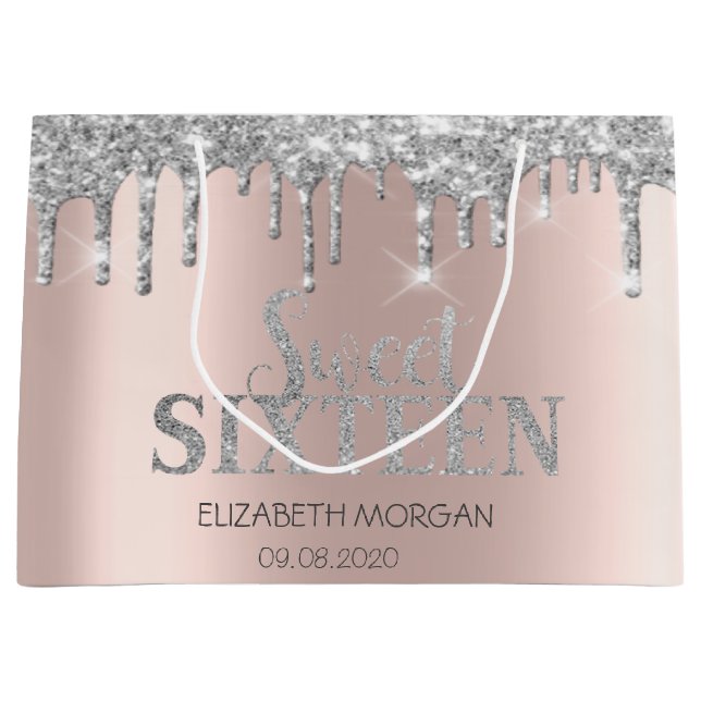 Sacola Para Presentes Grande Glitter Silver Rosa Dourado Doce 16 (Frente)