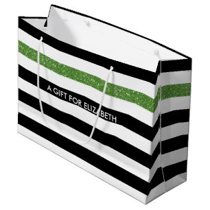 Sacola Para Presentes Grande Glitz Verde e Nome Modernos de Black Stripes FAUX