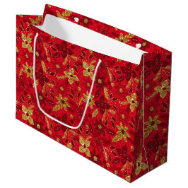 Sacola Para Presentes Grande Gold and Red Christmas Poinsettia Flowers