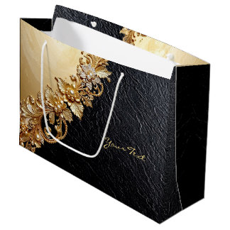 Sacola Para Presentes Grande Gold Floral Embellishments Gift Bag