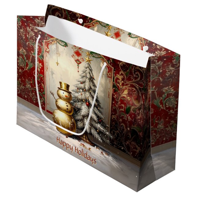 Sacola Para Presentes Grande Gold Snowman Christmas Tree Holiday Gift Bag (Frente inclinada)