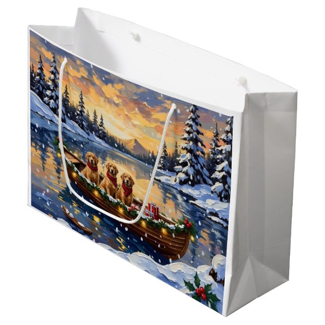 Sacola Para Presentes Grande Golden Retriever Christmas Boat Holiday (Frente inclinada)