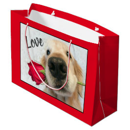 Sacola Para Presentes Grande Golden retriever com amor dos namorados da rosa