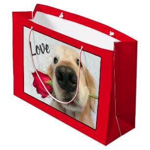 Sacola Para Presentes Grande Golden retriever com amor dos namorados da rosa