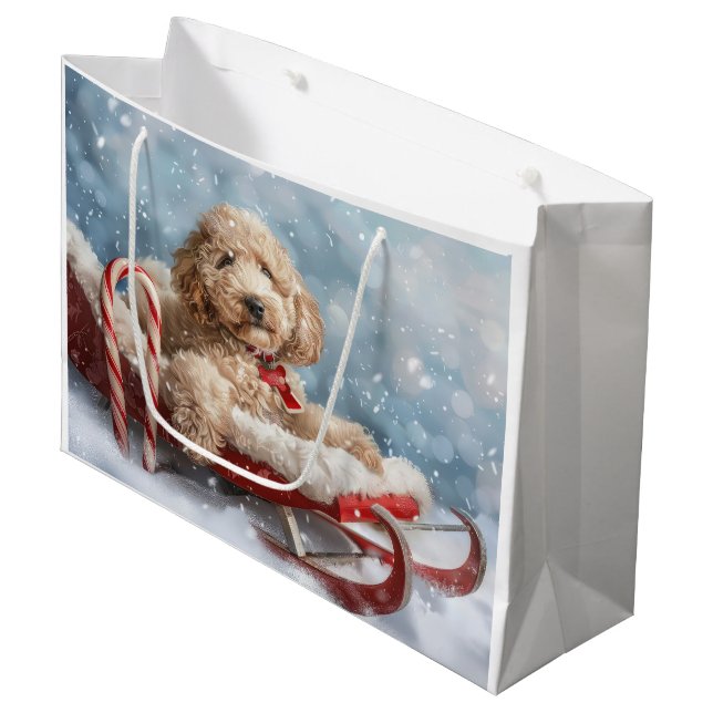 Sacola Para Presentes Grande Goldendoodle Cachorro Natal Festivo (Frente inclinada)