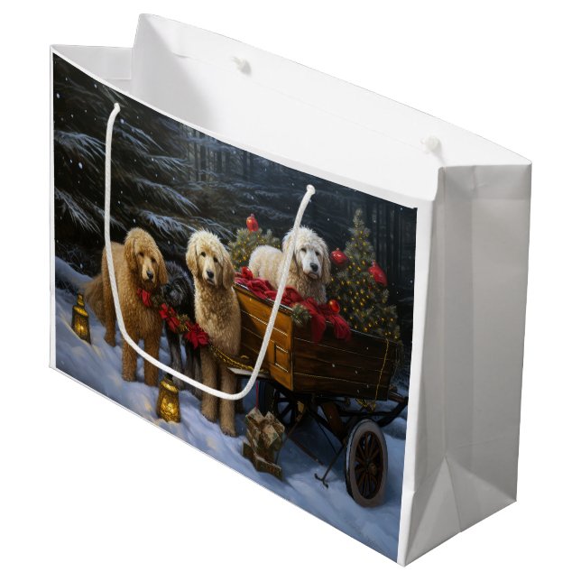Sacola Para Presentes Grande Goldendoodle Snowy Sleigh Decência de Natal (Frente inclinada)