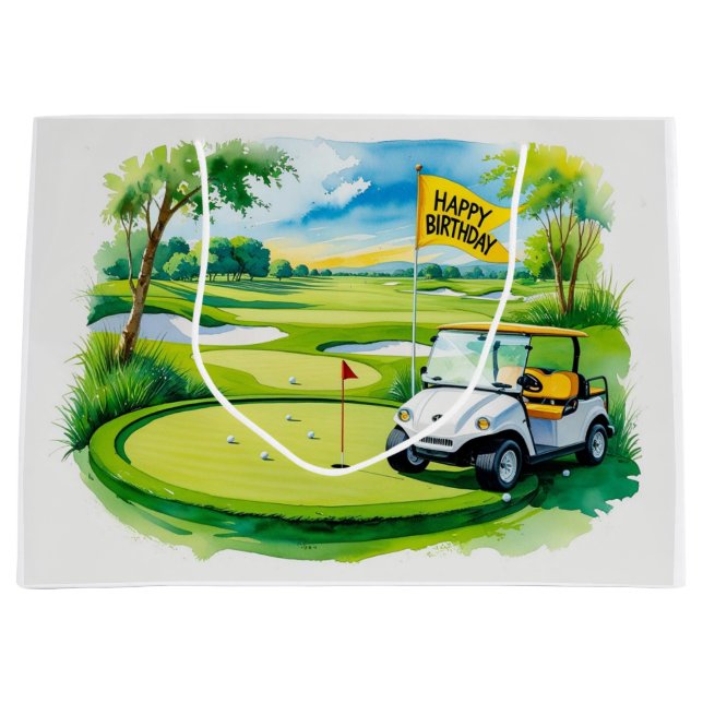 Sacola Para Presentes Grande Golf Birthday com aquarela de golfe (Frente)