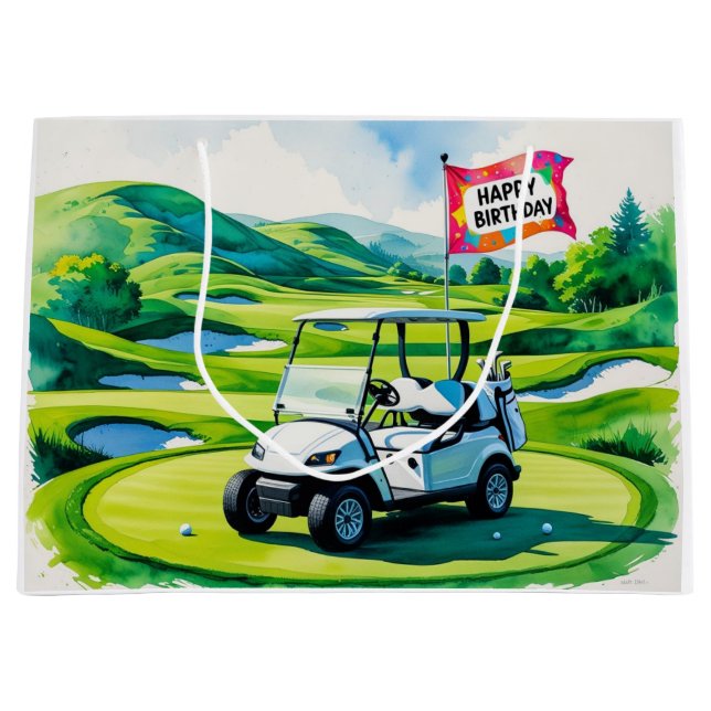 Sacola Para Presentes Grande Golf Birthday com aquarela de golfe (Frente)