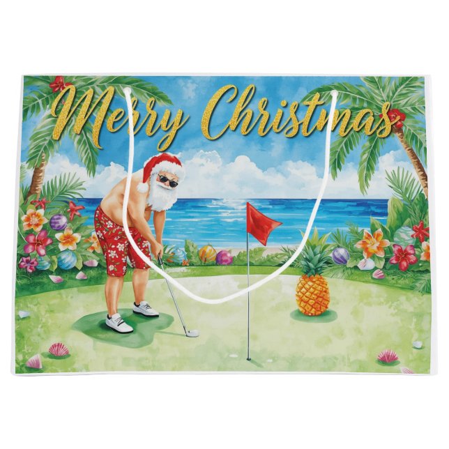 Sacola Para Presentes Grande Golf Christmas with Santa Claus in Hawaii (Frente)