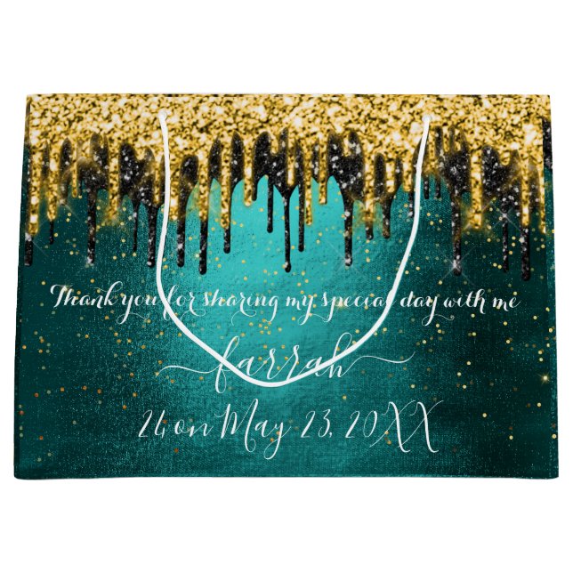 Sacola Para Presentes Grande Gotas Pretas Verde Douradas Favorecem Grande Saco  (Frente)