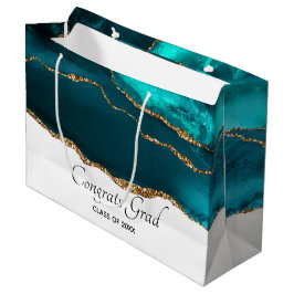 Sacola Para Presentes Grande Graduação de Agato Teal Moderno e Dourada de Fita