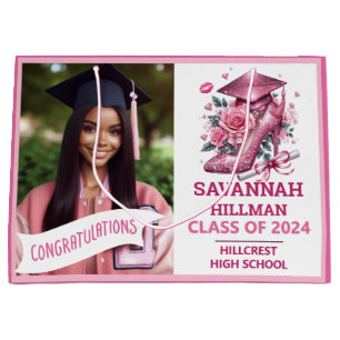 Sacola Para Presentes Grande Graduação de luxo personalizado de fotografia rosa