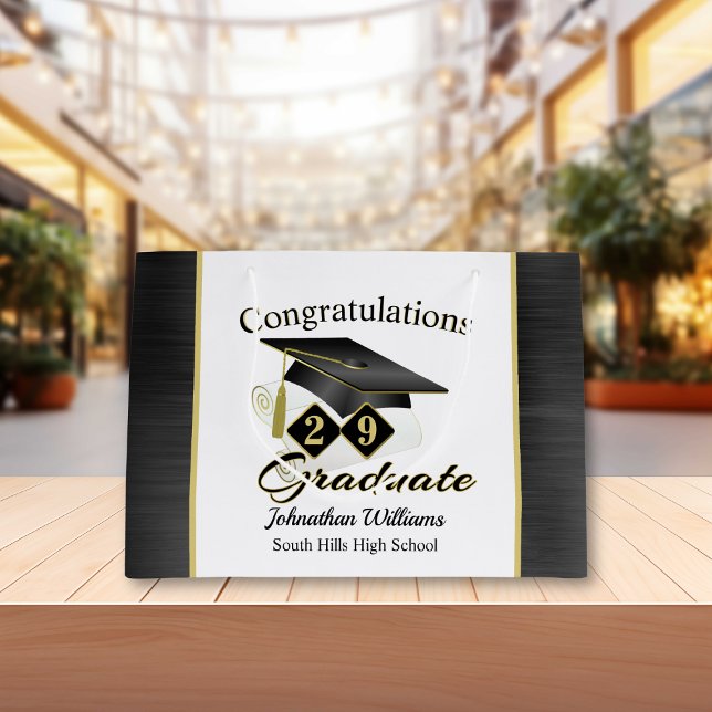 Sacola Para Presentes Grande Graduação Personalizada Preto e Dourado (Graduation Personalized Black & Gold Large Gift Bag)