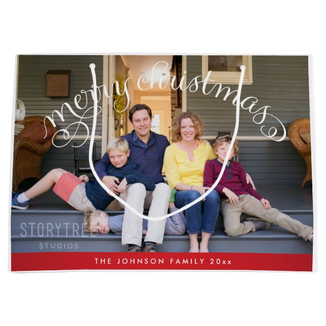 Sacola Para Presentes Grande Grande Foto da Família Feliz de Natal (Frente)