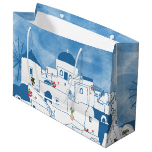 Sacola Para Presentes Grande Grécia Santorini de Cor Azul e Branca