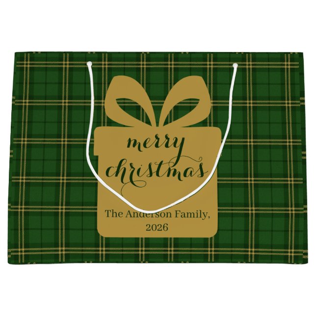 Sacola Para Presentes Grande Green Plaid Christmas Festive Pattern -  (Frente)