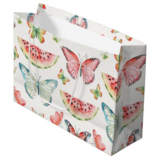 Sacola Para Presentes Grande Green Red Watermelon Blue Butterflies Birthday (Frente inclinada)