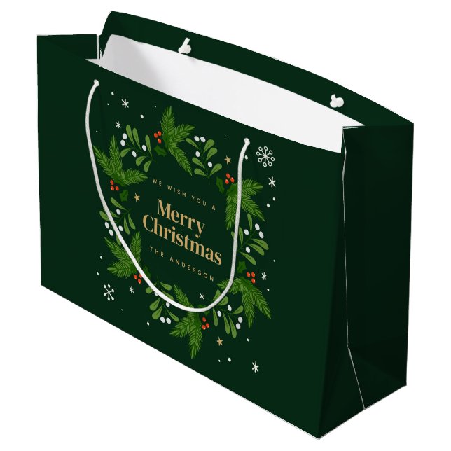 Sacola Para Presentes Grande Green Snowflake Feliz Natal (Verso inclinado)