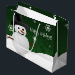 Sacola Para Presentes Grande Green Snowman Winter Scenery Christmas Gift Bag<br><div class="desc">Saqueie seus presentes de Natal com este Snowman Green Snowman, Espantoso e Impressionante Snowman, Snowman Winter Scenery Bag. Design de presente apresenta um boneco de neve feliz em uma cena de ventania de neve contra um fundo verde adornado com flocos de neve de cor correspondente. Itens adicionais de presentes e...</div>