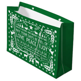 Sacola Para Presentes Grande Green White Love Peace Joy papel picado Natal