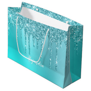 Sacola Para Presentes Grande Grelha azul esbelta e glitter