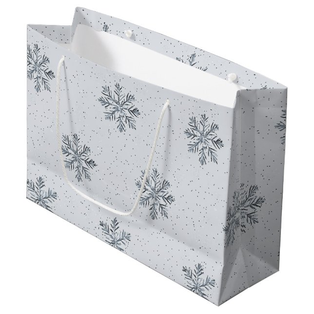 Sacola Para Presentes Grande Grey Silver Snowflakes Christmas (Frente inclinada)