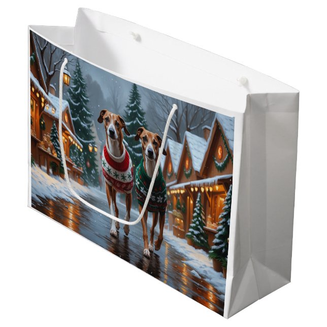 Sacola Para Presentes Grande Greyhound Dogs Christmas Snow Holiday (Frente inclinada)