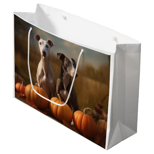 Sacola Para Presentes Grande Greyhound Puppy Autumn Delight Pumpkin (Frente inclinada)