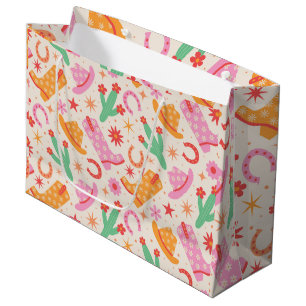 Sacola Para Presentes Grande Groovy Cowgirl Boots and Hats Patterno with Cactus