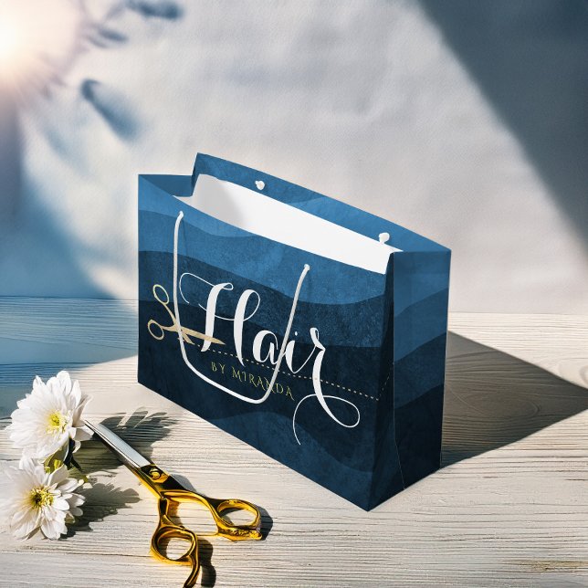 Sacola Para Presentes Grande Hair Salon Hairstylist Tesoura Azul e Dourada Mode (Criador carregado)