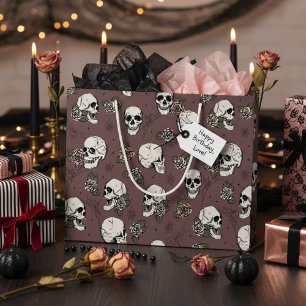 Sacola Para Presentes Grande Halloween de Rosas e crânios góticos de ameixa esc